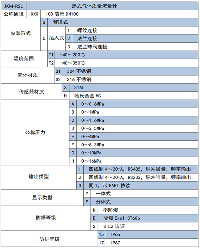 DN25熱式氣體質(zhì)量流量計(jì)選項(xiàng)表
